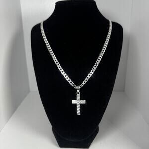 Sterling Silver Greek Key Cross Pendant Necklace 925 Italy Curb Chain 24 Inch